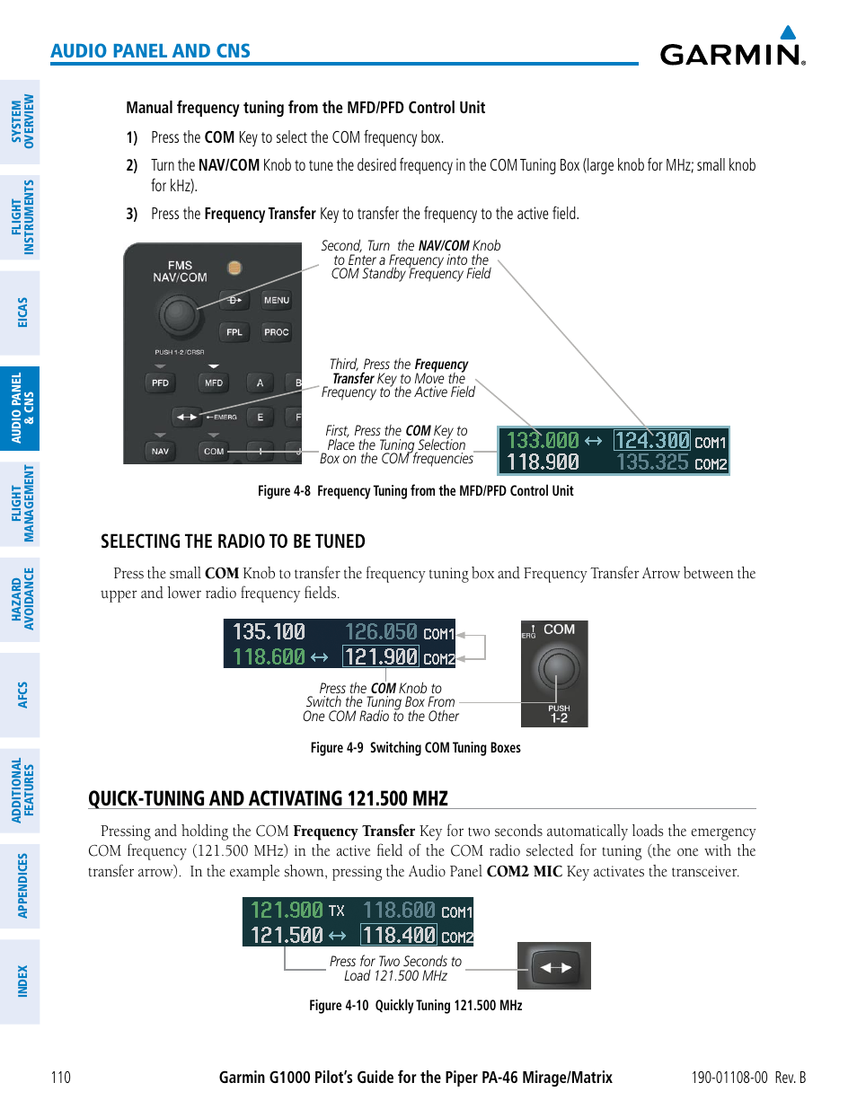 Quick-tuning and activating 121.500 mhz, Audio panel and cns, Selecting the radio to be tuned | Garmin G1000 Piper PA-46 Matrix User Manual | Page 124 / 600