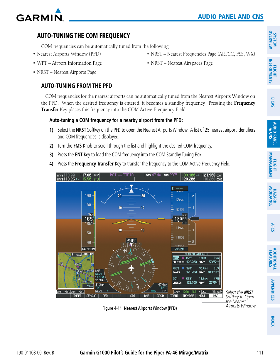 Auto-tuning the com frequency, Audio panel and cns, Auto-tuning from the pfd | Garmin G1000 Piper PA-46 Matrix User Manual | Page 125 / 600