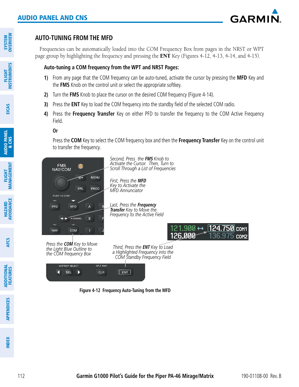 Audio panel and cns, Auto-tuning from the mfd | Garmin G1000 Piper PA-46 Matrix User Manual | Page 126 / 600