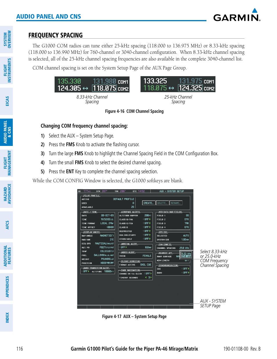 Frequency spacing, Audio panel and cns | Garmin G1000 Piper PA-46 Matrix User Manual | Page 130 / 600