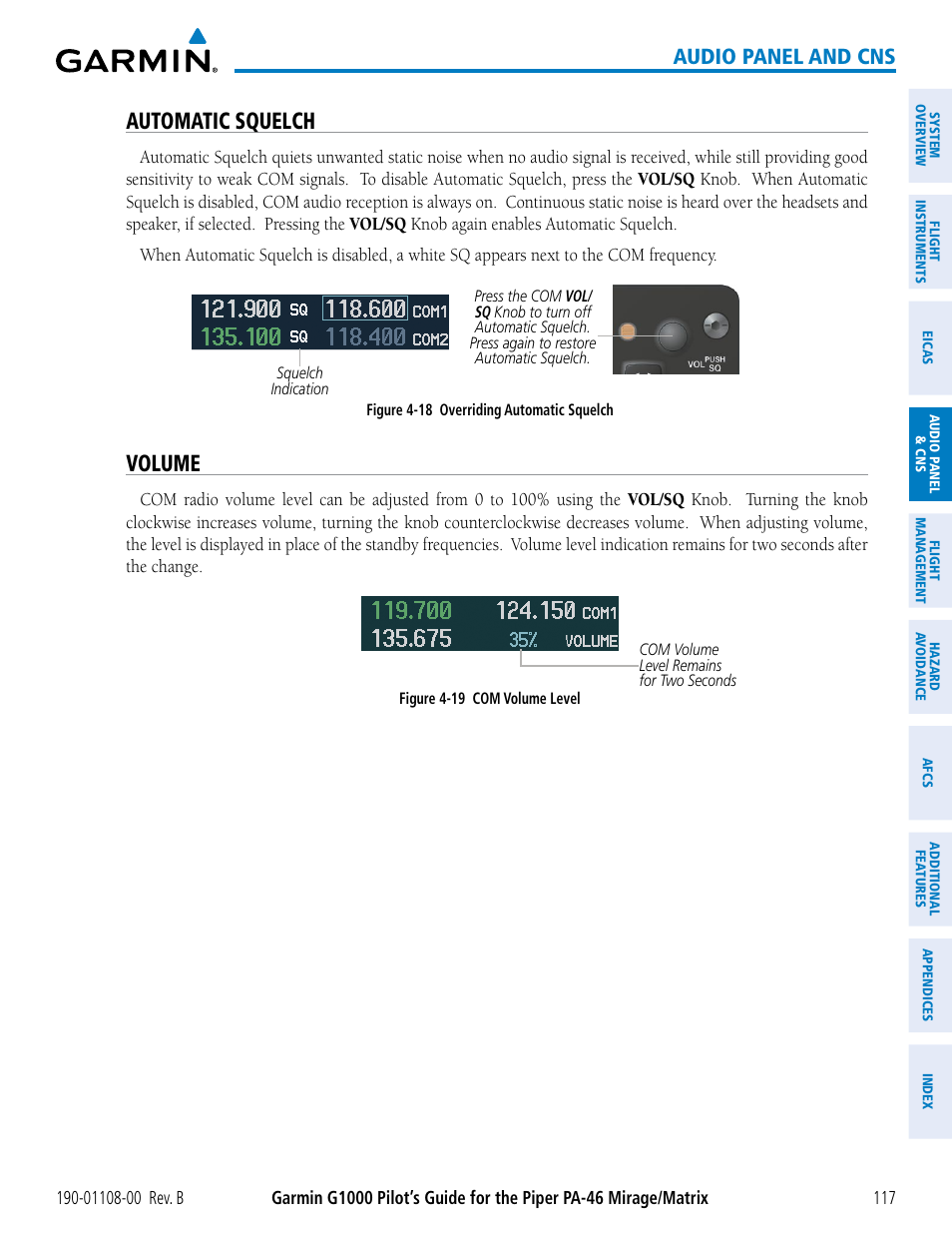 Automatic squelch, Volume, Audio panel and cns | Garmin G1000 Piper PA-46 Matrix User Manual | Page 131 / 600