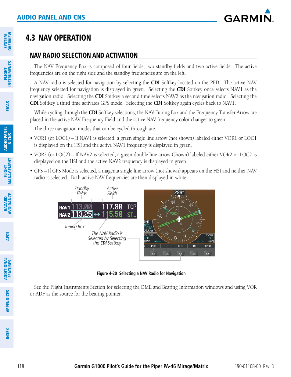 3 nav operation, Nav radio selection and activation, Audio panel and cns | Garmin G1000 Piper PA-46 Matrix User Manual | Page 132 / 600