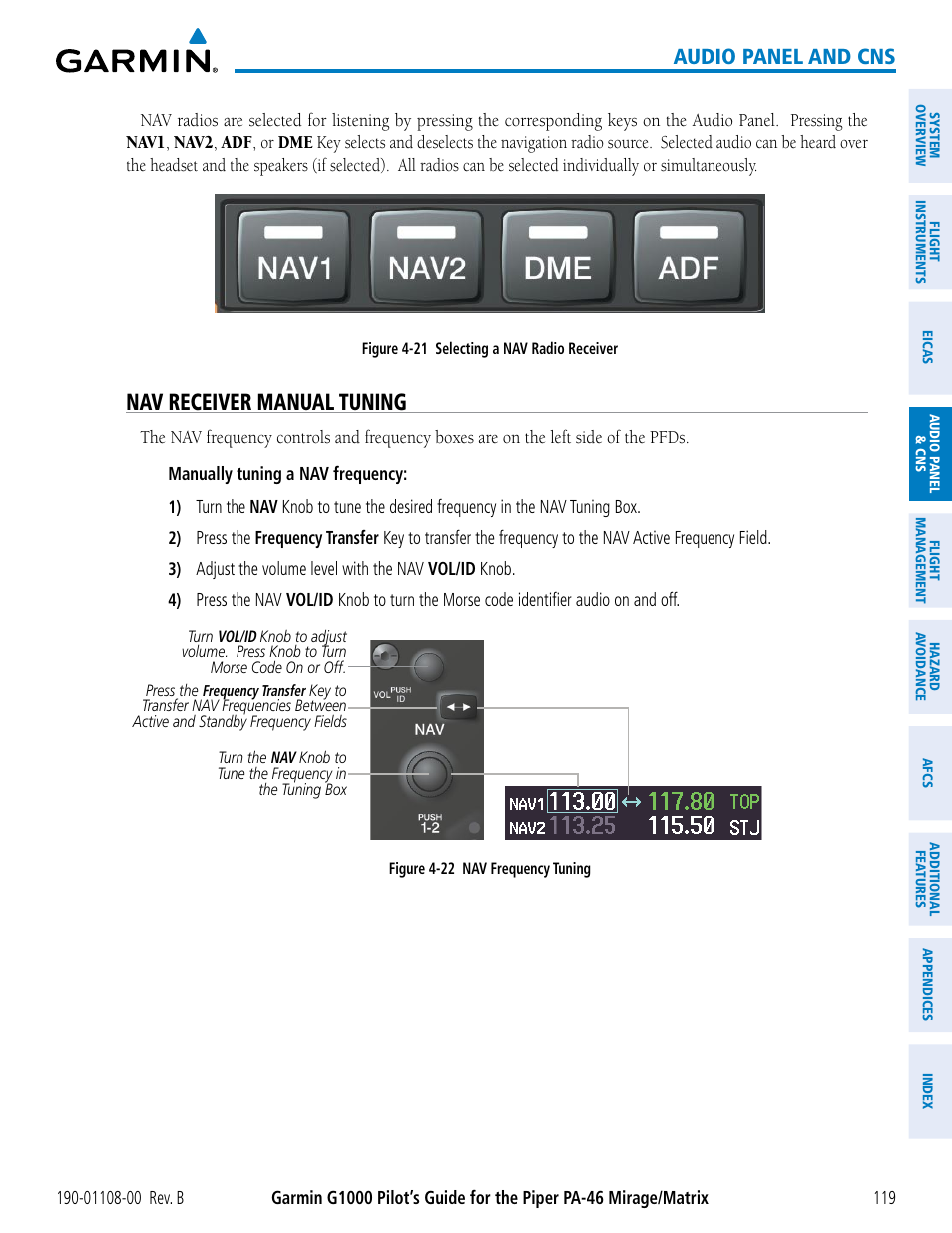 Nav receiver manual tuning, Audio panel and cns | Garmin G1000 Piper PA-46 Matrix User Manual | Page 133 / 600