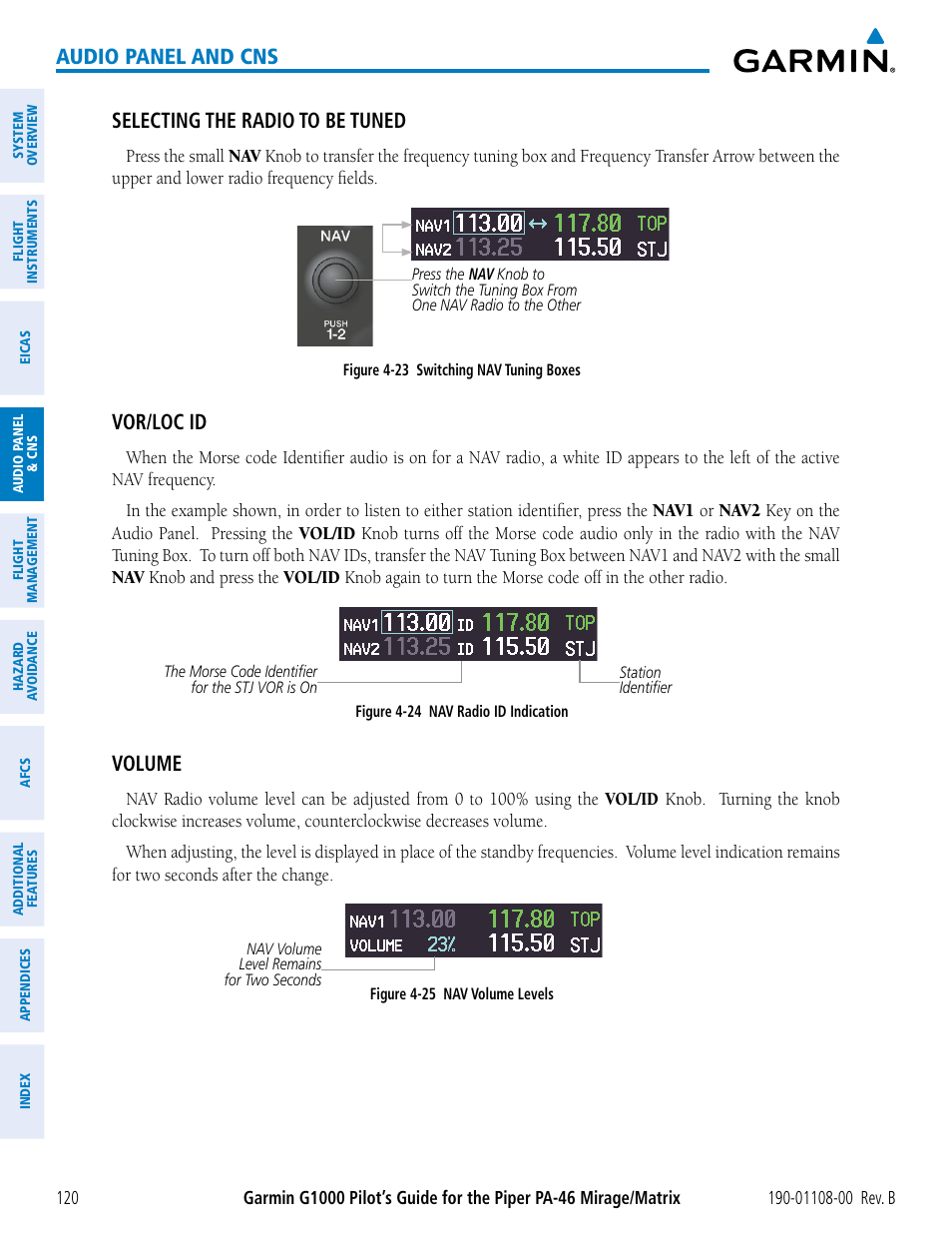 Audio panel and cns, Selecting the radio to be tuned, Vor/loc id | Volume | Garmin G1000 Piper PA-46 Matrix User Manual | Page 134 / 600