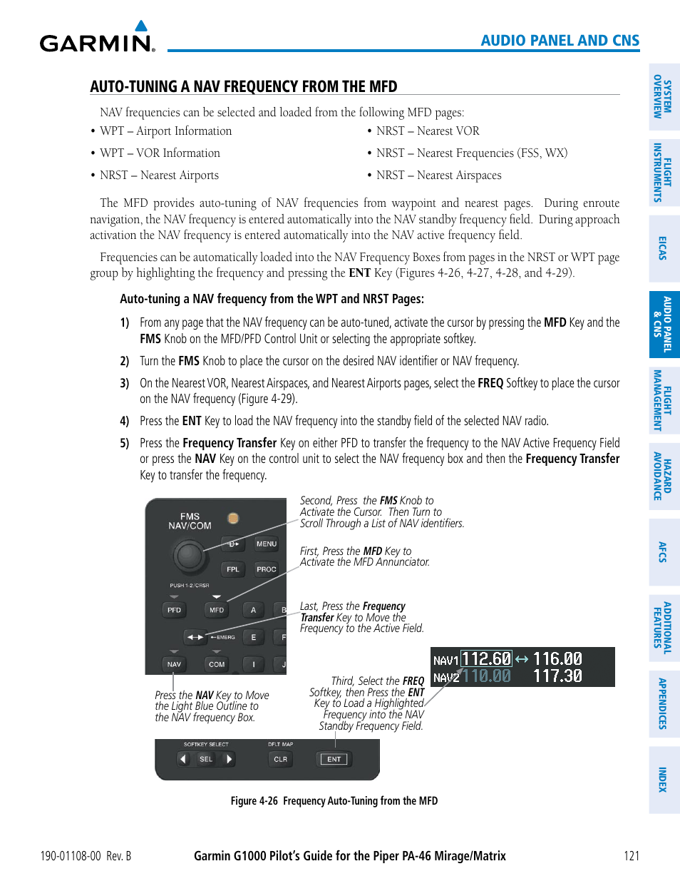Auto-tuning a nav frequency from the mfd, Audio panel and cns | Garmin G1000 Piper PA-46 Matrix User Manual | Page 135 / 600