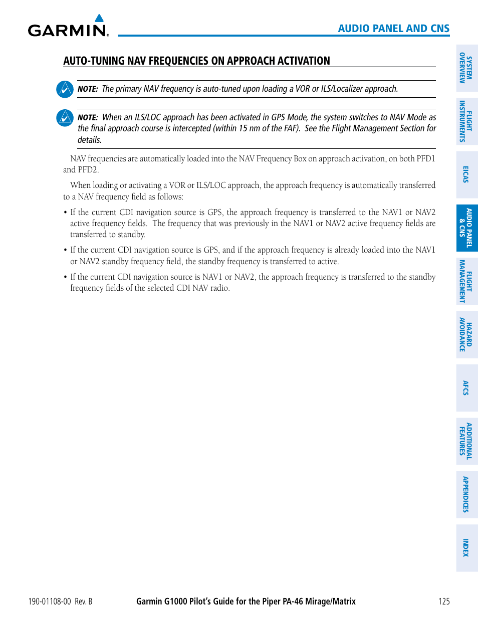 Auto-tuning nav frequencies on approach activation, Audio panel and cns | Garmin G1000 Piper PA-46 Matrix User Manual | Page 139 / 600