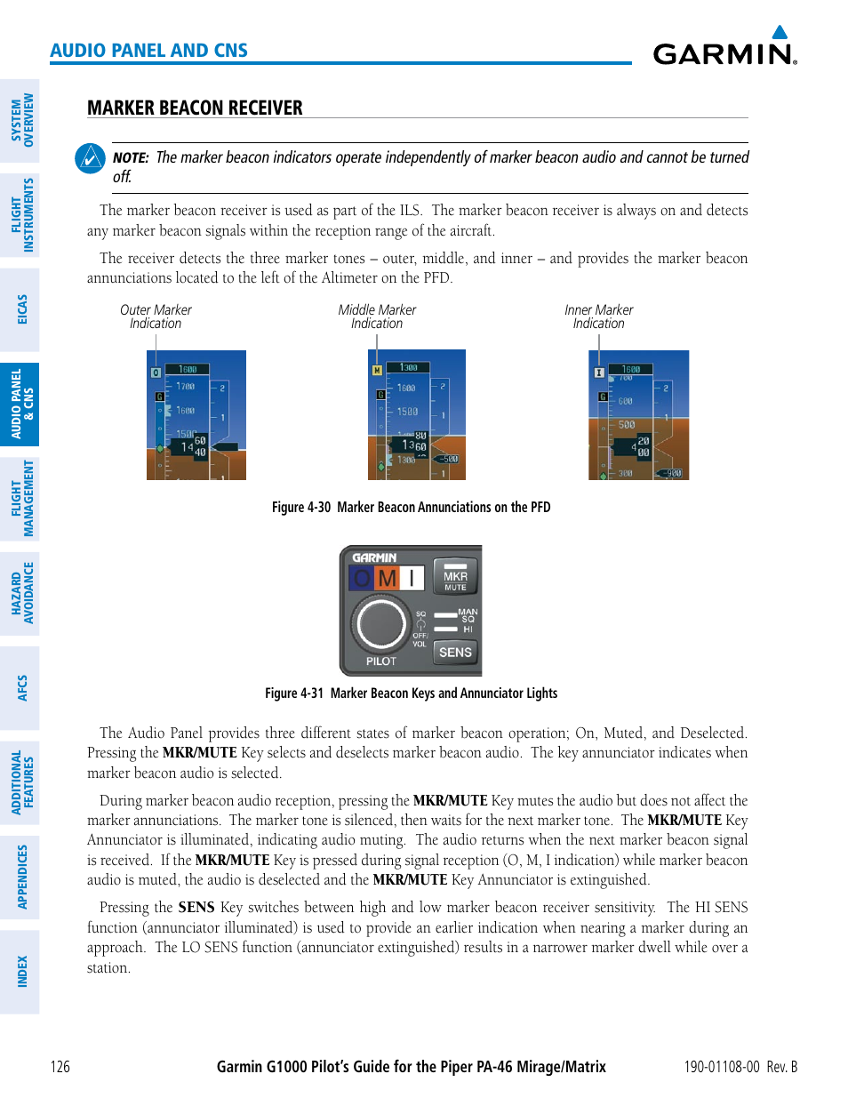 Marker beacon receiver, Audio panel and cns | Garmin G1000 Piper PA-46 Matrix User Manual | Page 140 / 600