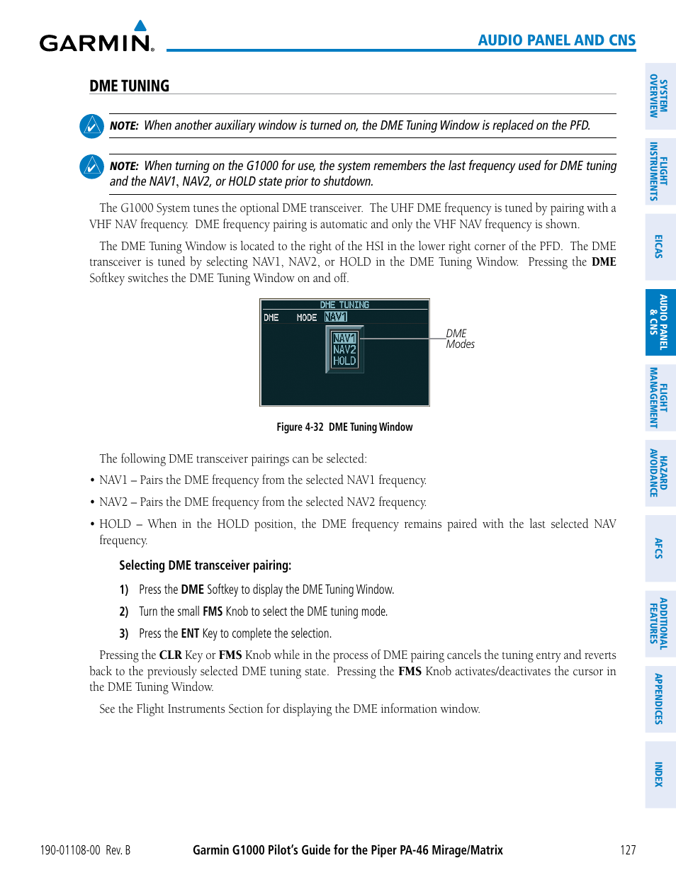 Dme tuning, Audio panel and cns | Garmin G1000 Piper PA-46 Matrix User Manual | Page 141 / 600