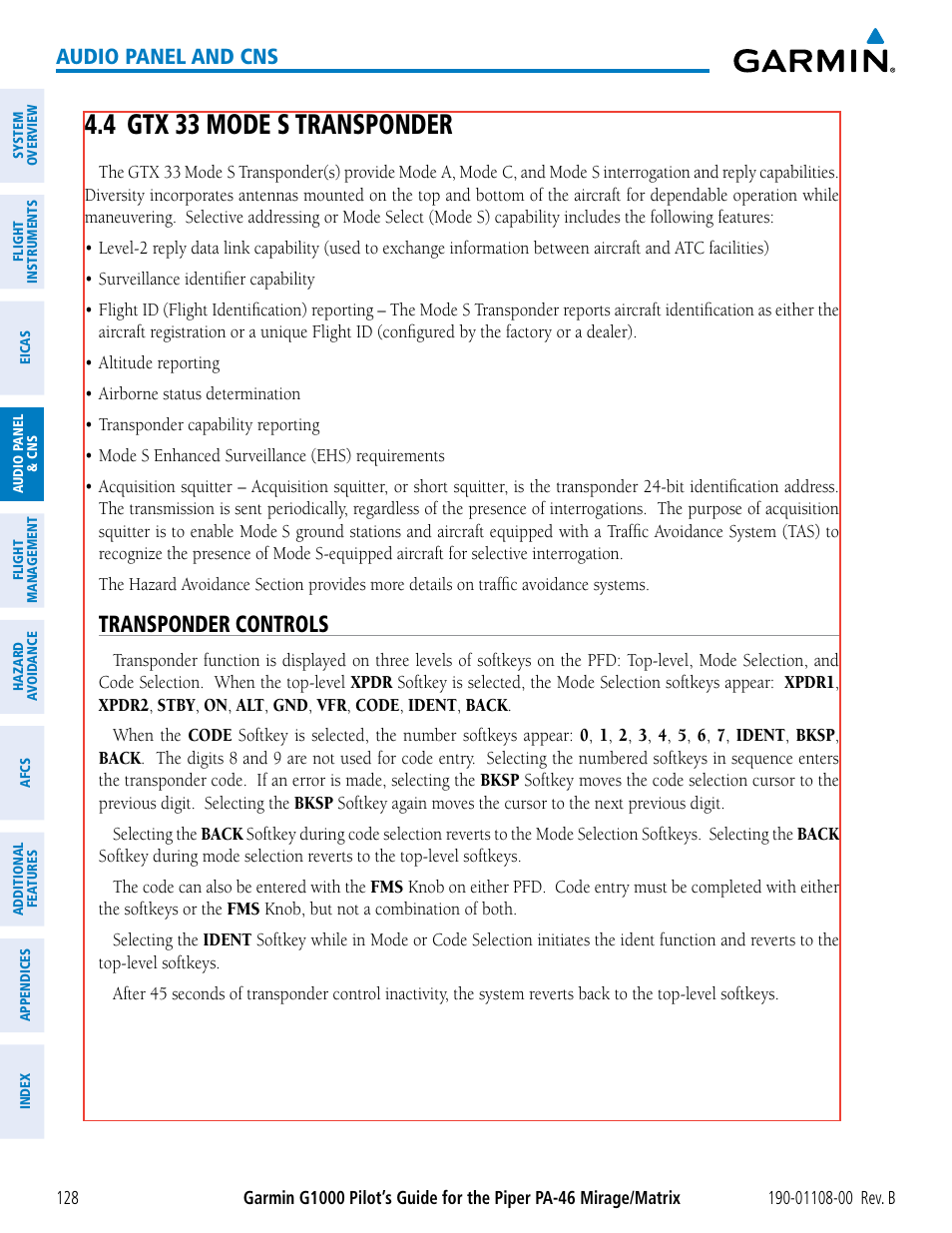 4 gtx 33 mode s transponder, Transponder controls, Audio panel and cns | Garmin G1000 Piper PA-46 Matrix User Manual | Page 142 / 600