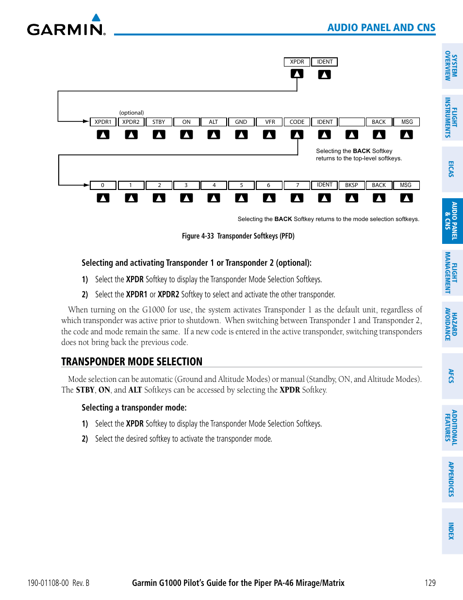 Transponder mode selection, Audio panel and cns | Garmin G1000 Piper PA-46 Matrix User Manual | Page 143 / 600