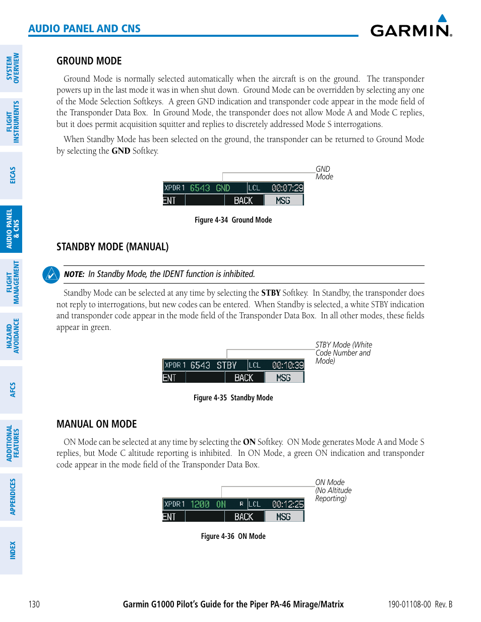 Audio panel and cns, Ground mode, Standby mode (manual) | Manual on mode | Garmin G1000 Piper PA-46 Matrix User Manual | Page 144 / 600