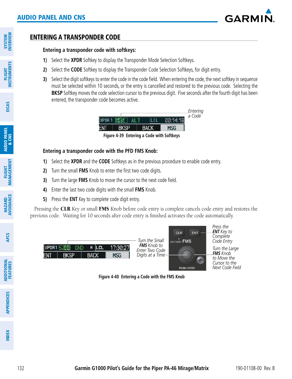 Entering a transponder code, Audio panel and cns | Garmin G1000 Piper PA-46 Matrix User Manual | Page 146 / 600