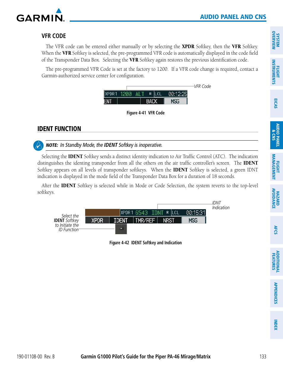 Ident function, Audio panel and cns, Vfr code | Garmin G1000 Piper PA-46 Matrix User Manual | Page 147 / 600