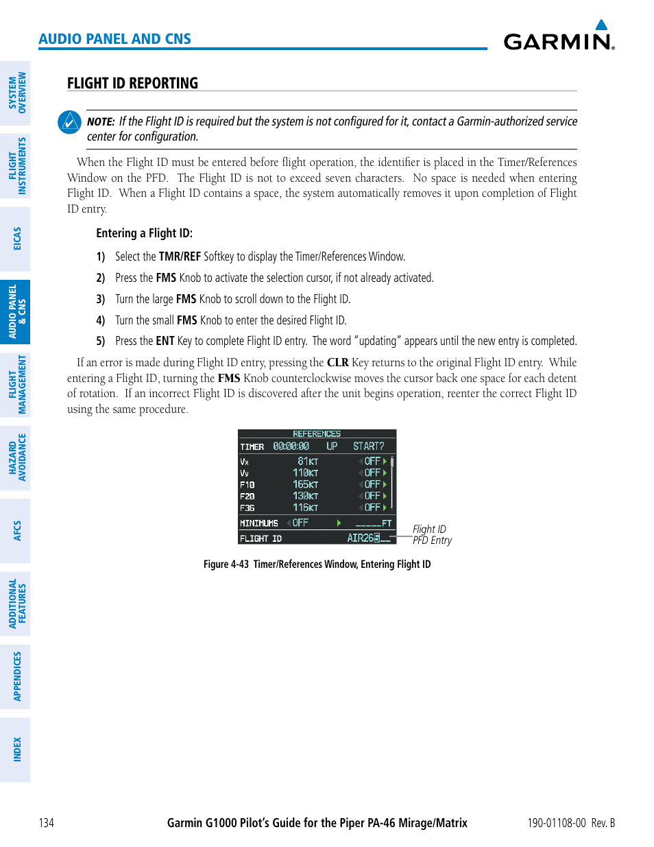 Flight id reporting, Audio panel and cns | Garmin G1000 Piper PA-46 Matrix User Manual | Page 148 / 600