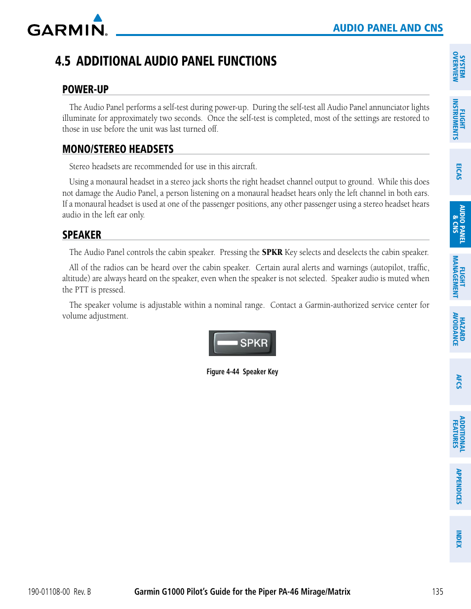 5 additional audio panel functions, Power-up, Mono/stereo headsets | Speaker, Audio panel and cns | Garmin G1000 Piper PA-46 Matrix User Manual | Page 149 / 600