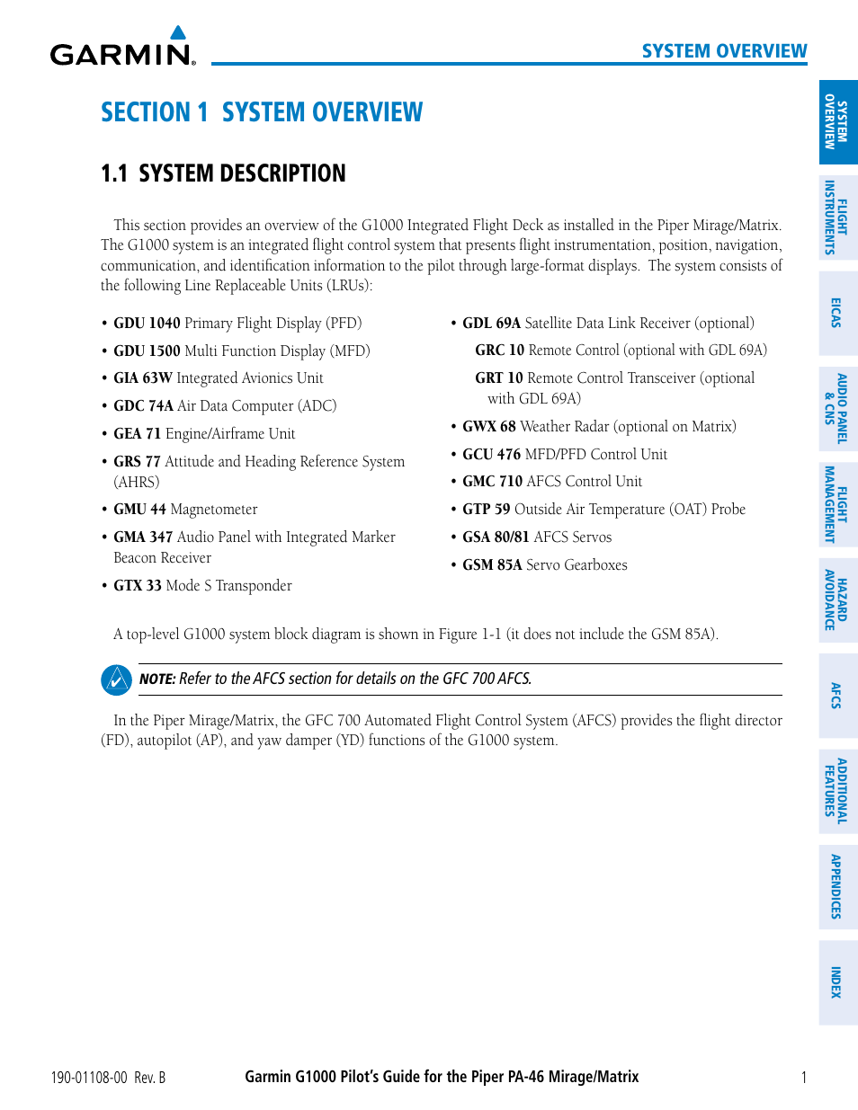 Section 1 system overview, 1 system description, System overview | Garmin G1000 Piper PA-46 Matrix User Manual | Page 15 / 600