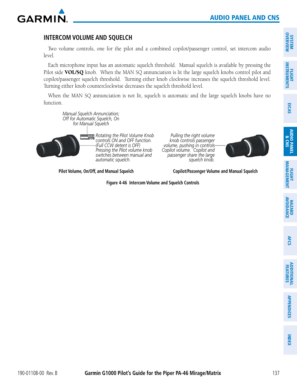 Audio panel and cns, Intercom volume and squelch | Garmin G1000 Piper PA-46 Matrix User Manual | Page 151 / 600