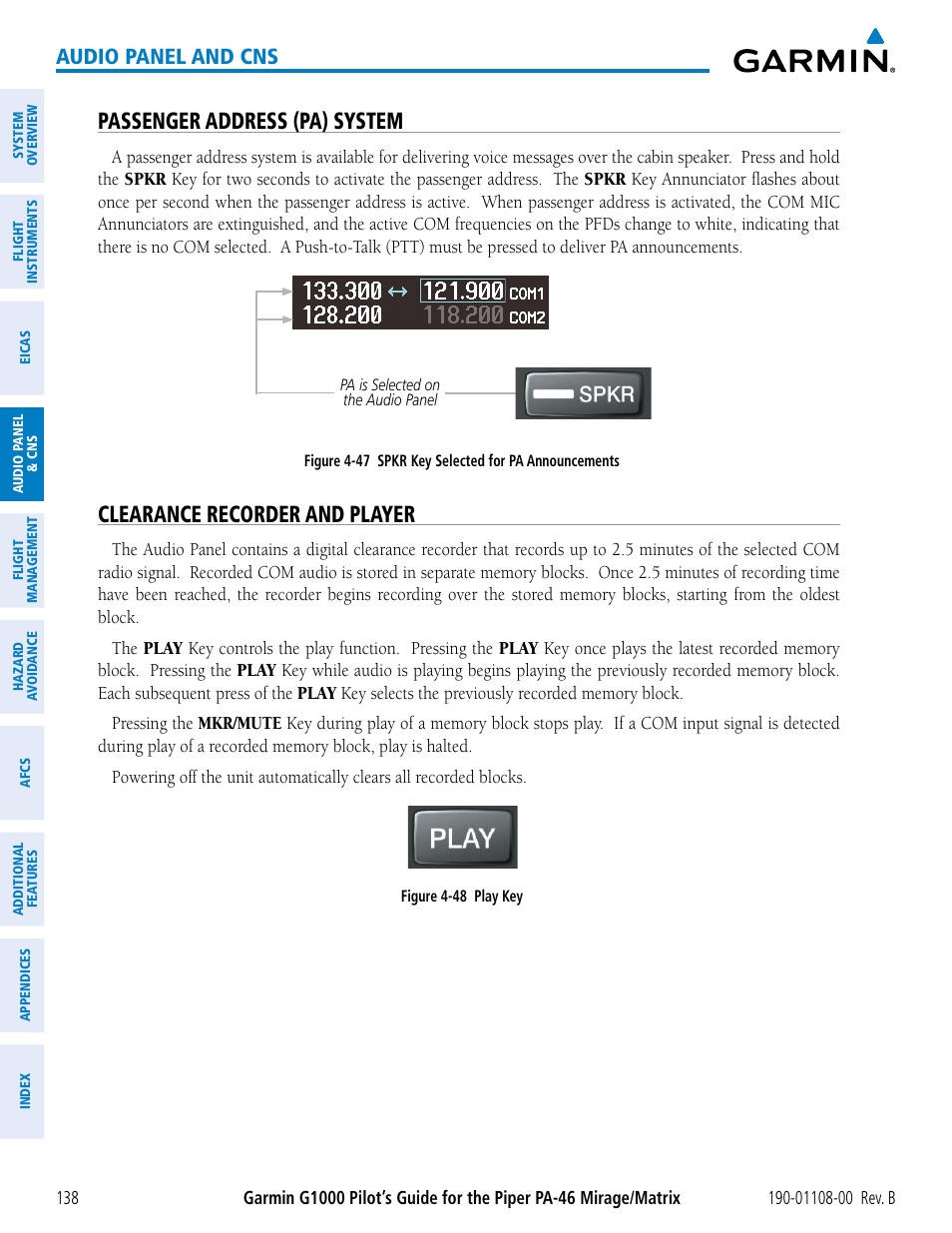 Passenger address (pa) system, Clearance recorder and player, Audio panel and cns | Garmin G1000 Piper PA-46 Matrix User Manual | Page 152 / 600