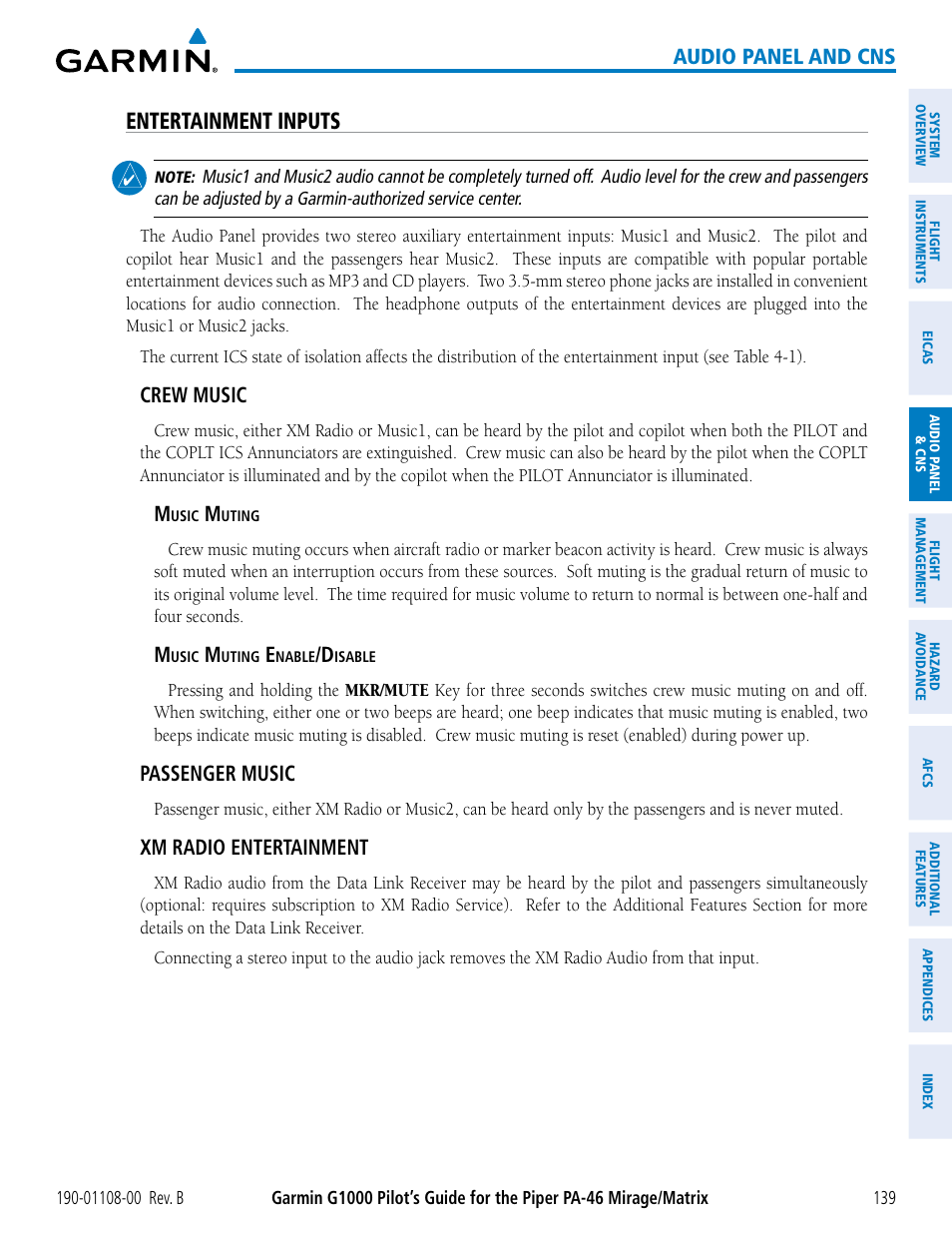 Entertainment inputs, Audio panel and cns, Crew music | Passenger music, Xm radio entertainment | Garmin G1000 Piper PA-46 Matrix User Manual | Page 153 / 600