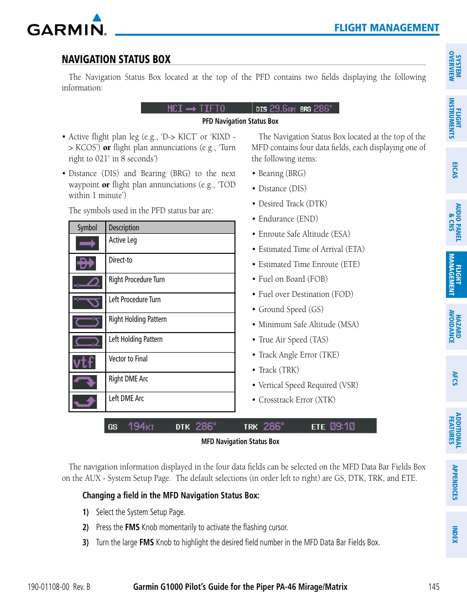 Navigation status box, Flight management | Garmin G1000 Piper PA-46 Matrix User Manual | Page 159 / 600