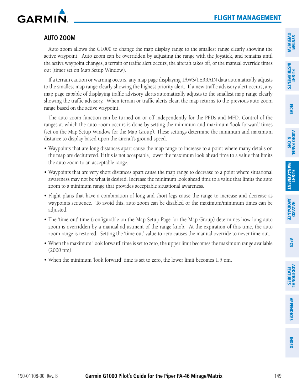 Flight management, Auto zoom | Garmin G1000 Piper PA-46 Matrix User Manual | Page 163 / 600