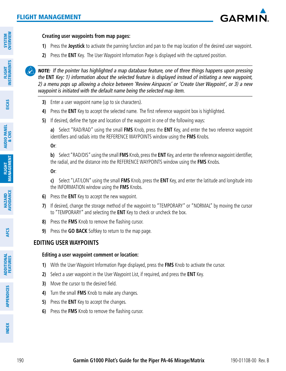 Flight management, Editing user waypoints | Garmin G1000 Piper PA-46 Matrix User Manual | Page 204 / 600