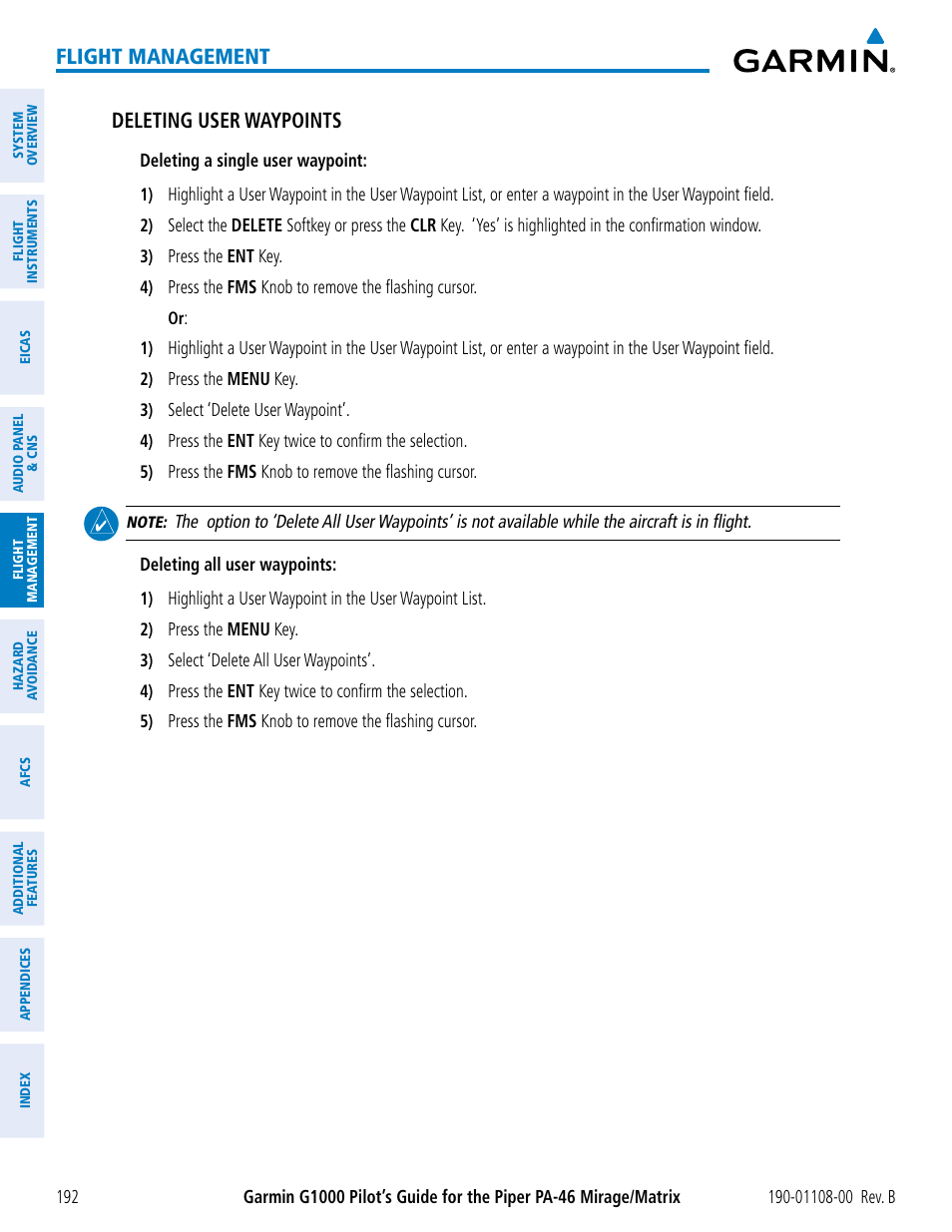 Flight management, Deleting user waypoints | Garmin G1000 Piper PA-46 Matrix User Manual | Page 206 / 600