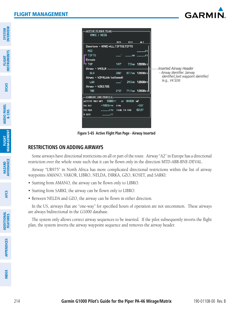 Flight management, Restrictions on adding airways | Garmin G1000 Piper PA-46 Matrix User Manual | Page 228 / 600