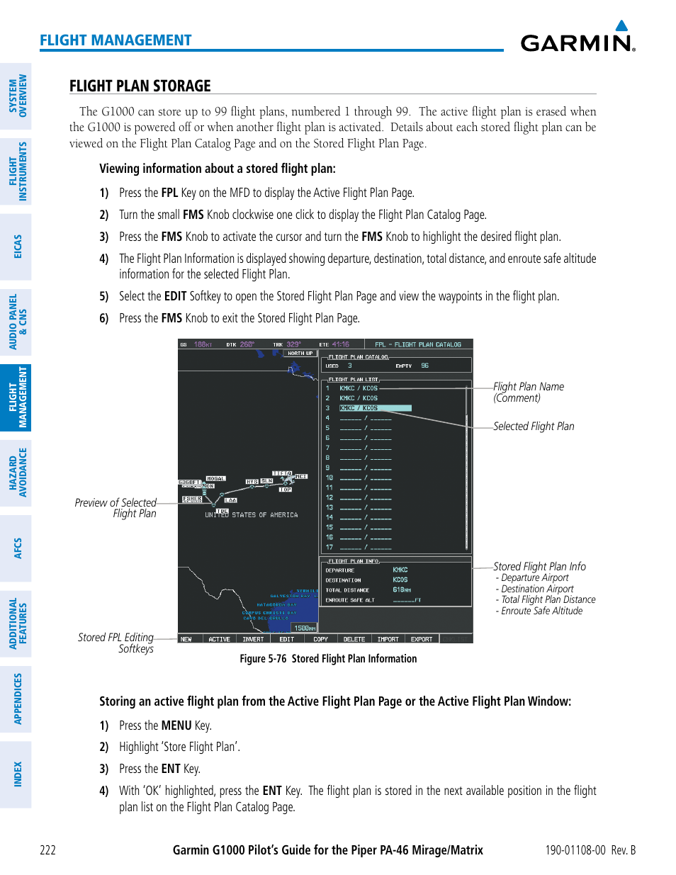 Flight plan storage, Flight management | Garmin G1000 Piper PA-46 Matrix User Manual | Page 236 / 600