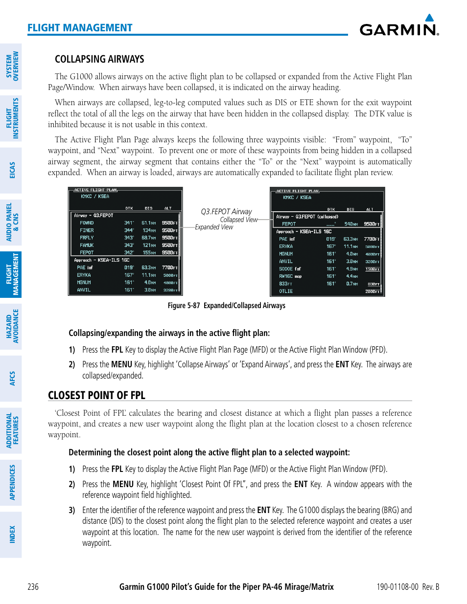 Closest point of fpl, Flight management, Collapsing airways | Garmin G1000 Piper PA-46 Matrix User Manual | Page 250 / 600