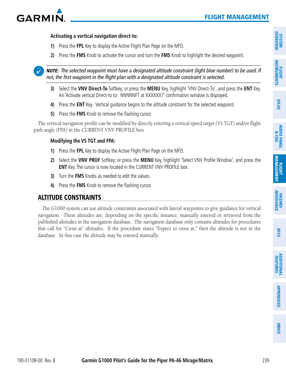 Altitude constraints, Flight management | Garmin G1000 Piper PA-46 Matrix User Manual | Page 253 / 600