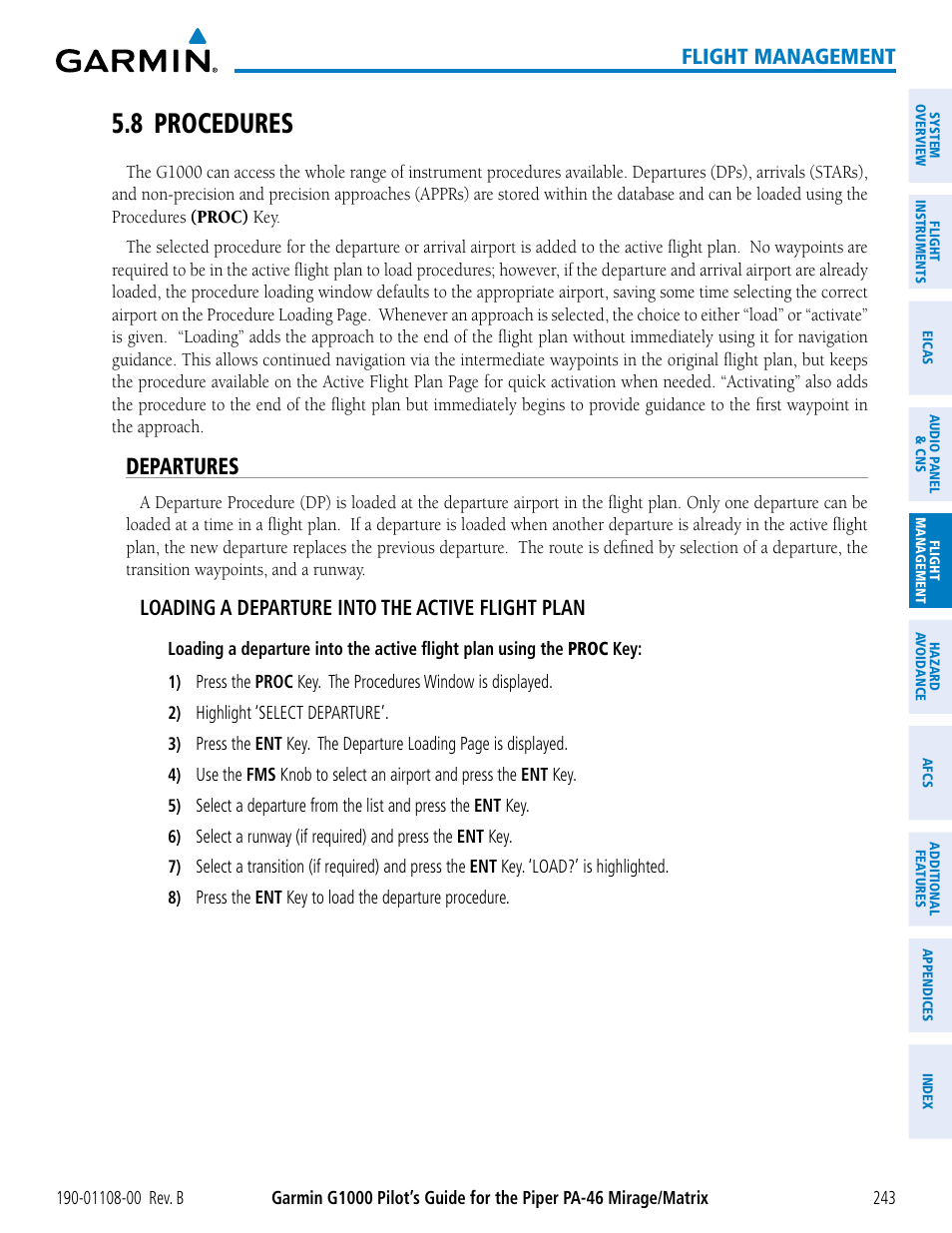 8 procedures, Departures, Flight management | Loading a departure into the active flight plan | Garmin G1000 Piper PA-46 Matrix User Manual | Page 257 / 600