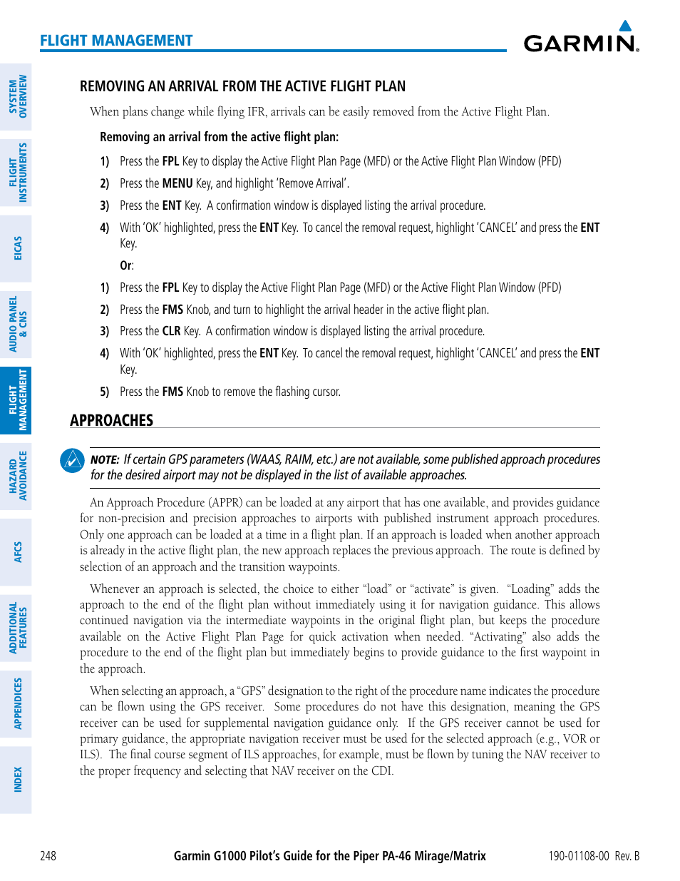 Approaches, Flight management, Removing an arrival from the active flight plan | Garmin G1000 Piper PA-46 Matrix User Manual | Page 262 / 600