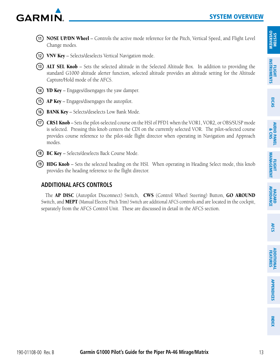 System overview, Additional afcs controls | Garmin G1000 Piper PA-46 Matrix User Manual | Page 27 / 600