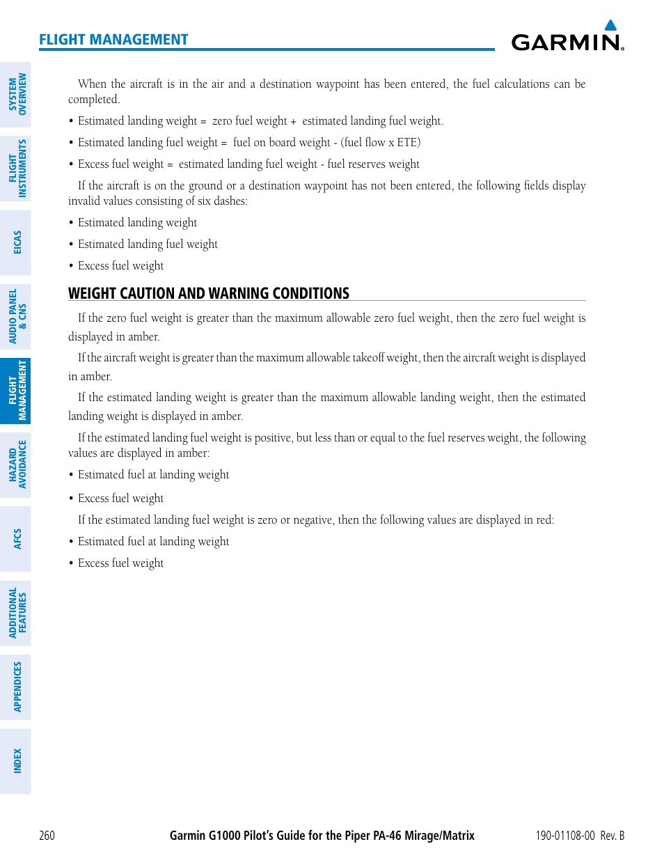 Weight caution and warning conditions, Flight management | Garmin G1000 Piper PA-46 Matrix User Manual | Page 274 / 600