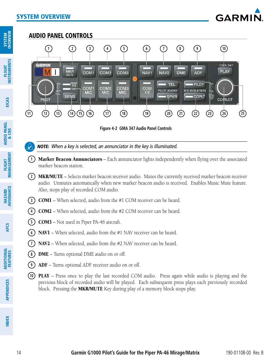 Audio panel controls, System overview | Garmin G1000 Piper PA-46 Matrix User Manual | Page 28 / 600