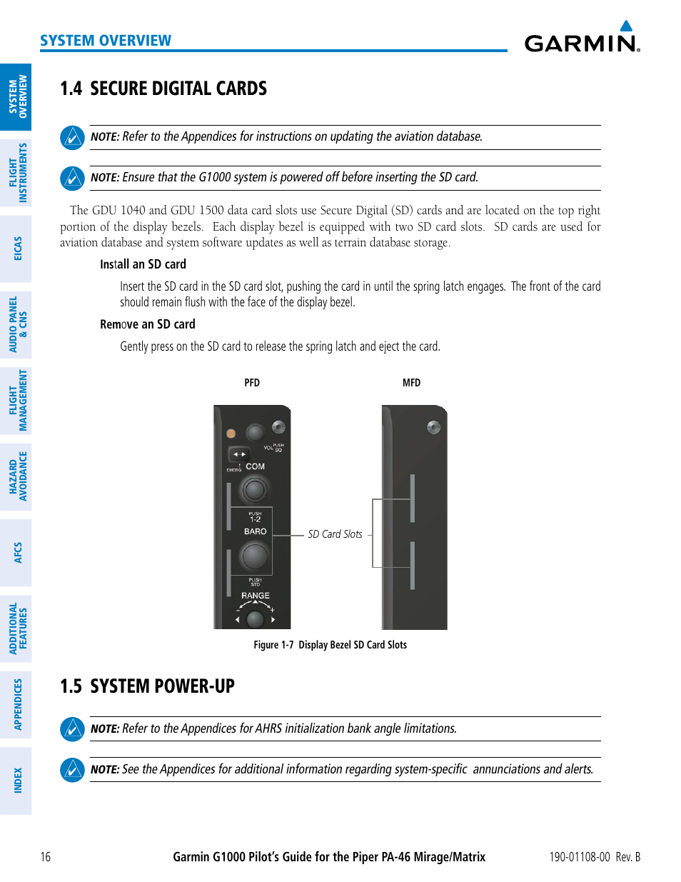 4 secure digital cards, 5 system power-up, 4 secure digital cards 1.5 system power-up | System overview | Garmin G1000 Piper PA-46 Matrix User Manual | Page 30 / 600