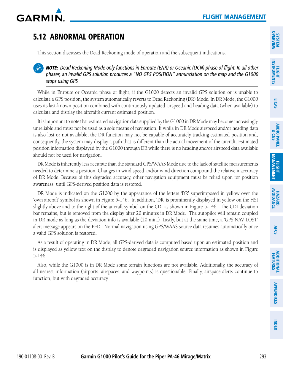 12 abnormal operation, Flight management | Garmin G1000 Piper PA-46 Matrix User Manual | Page 307 / 600