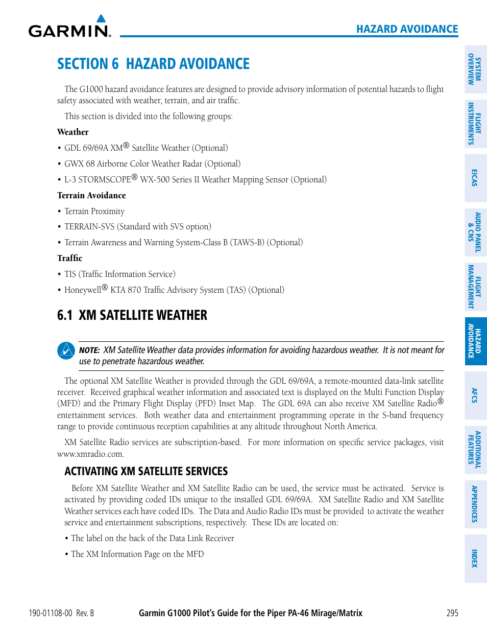 Section 6 hazard avoidance, 1 xm satellite weather, Activating xm satellite services | Hazard avoidance | Garmin G1000 Piper PA-46 Matrix User Manual | Page 309 / 600