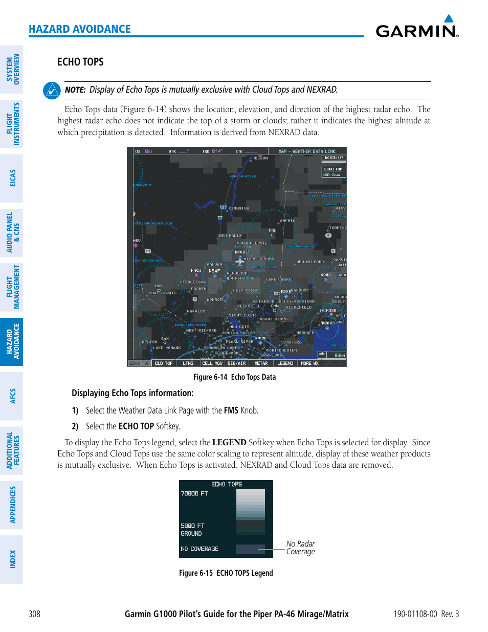 Hazard avoidance, Echo tops | Garmin G1000 Piper PA-46 Matrix User Manual | Page 322 / 600