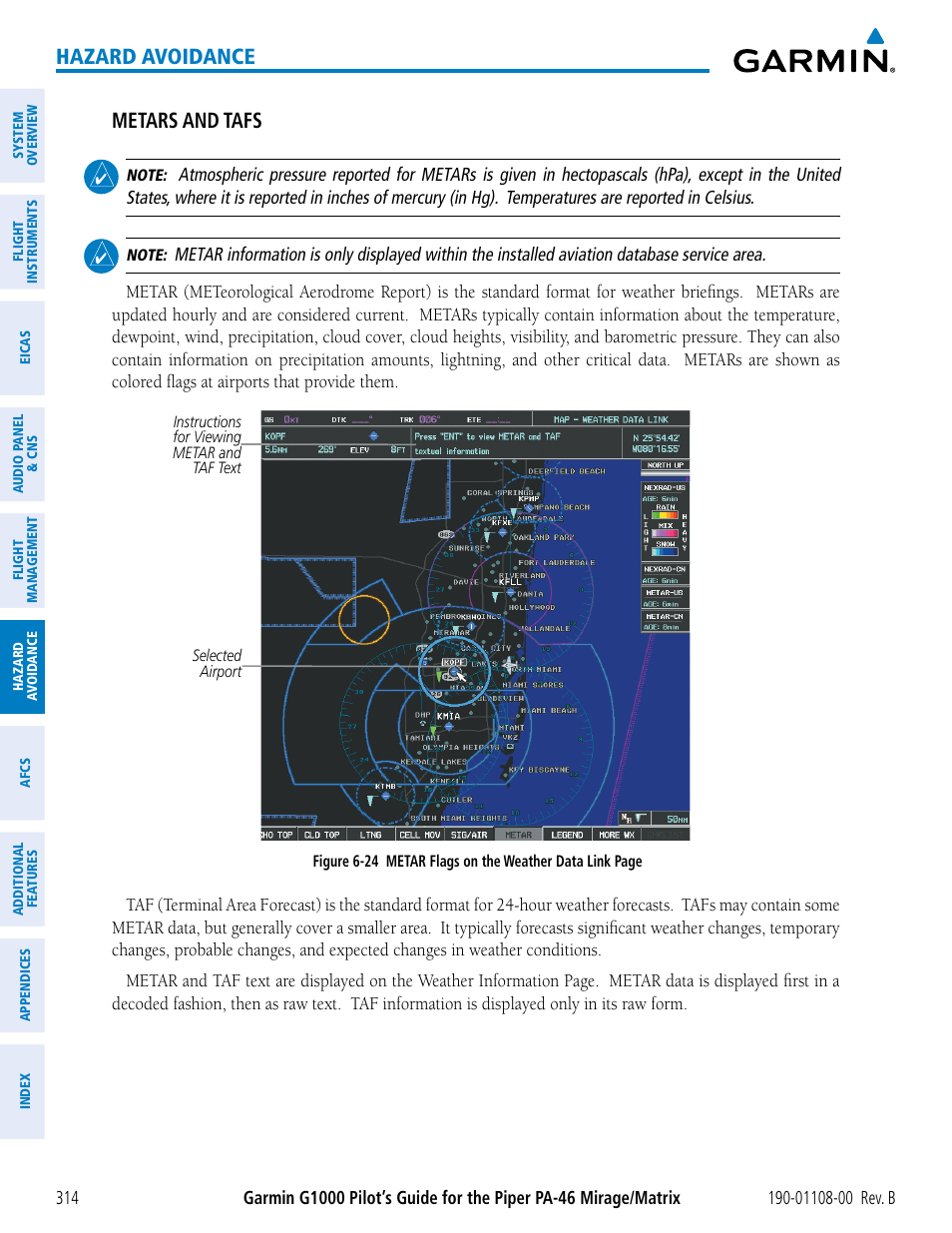 Hazard avoidance, Metars and tafs | Garmin G1000 Piper PA-46 Matrix User Manual | Page 328 / 600