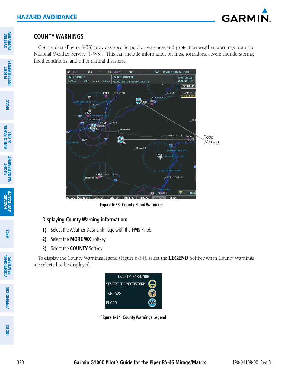 Hazard avoidance, County warnings | Garmin G1000 Piper PA-46 Matrix User Manual | Page 334 / 600