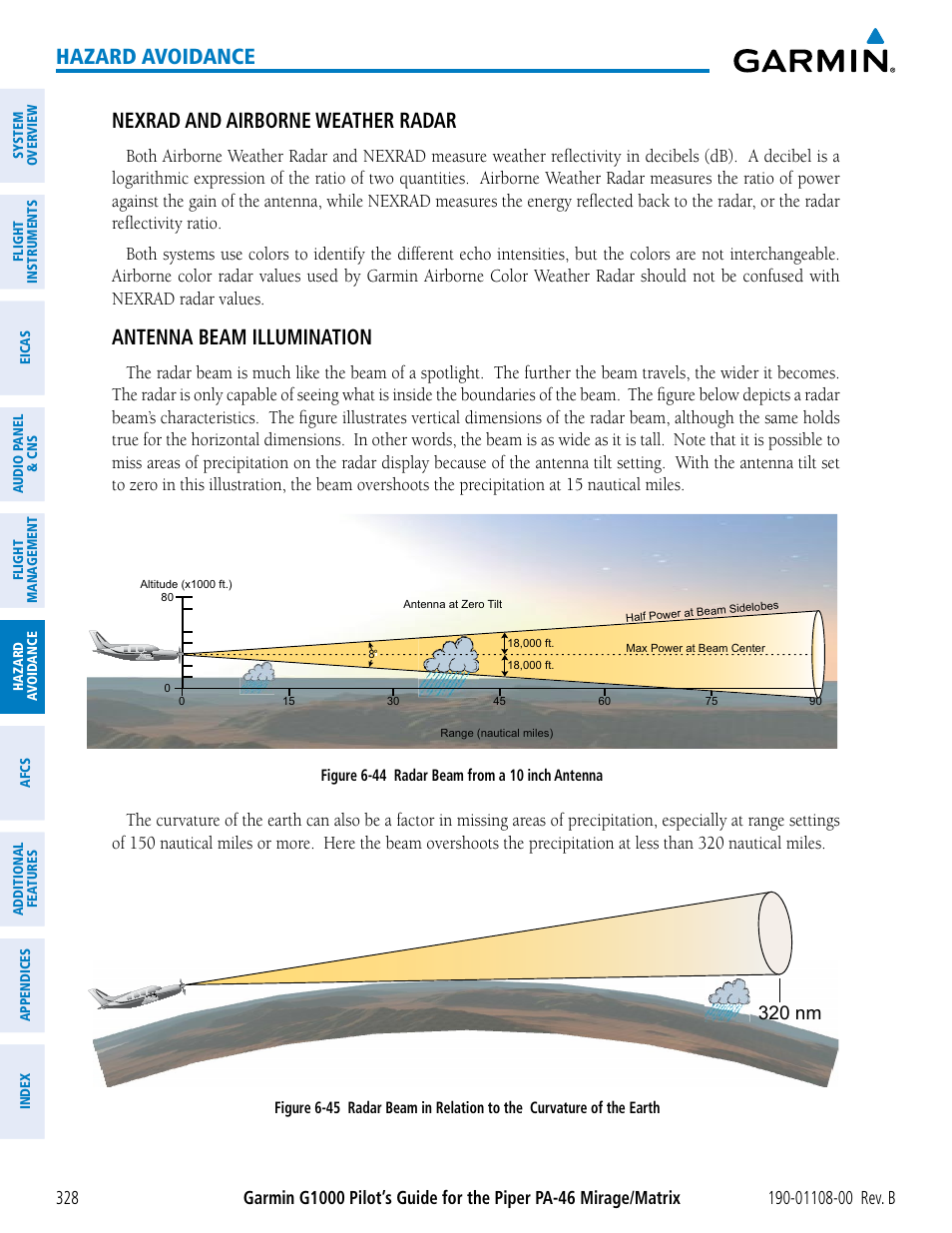 Hazard avoidance, Nexrad and airborne weather radar, Antenna beam illumination | 320 nm | Garmin G1000 Piper PA-46 Matrix User Manual | Page 342 / 600