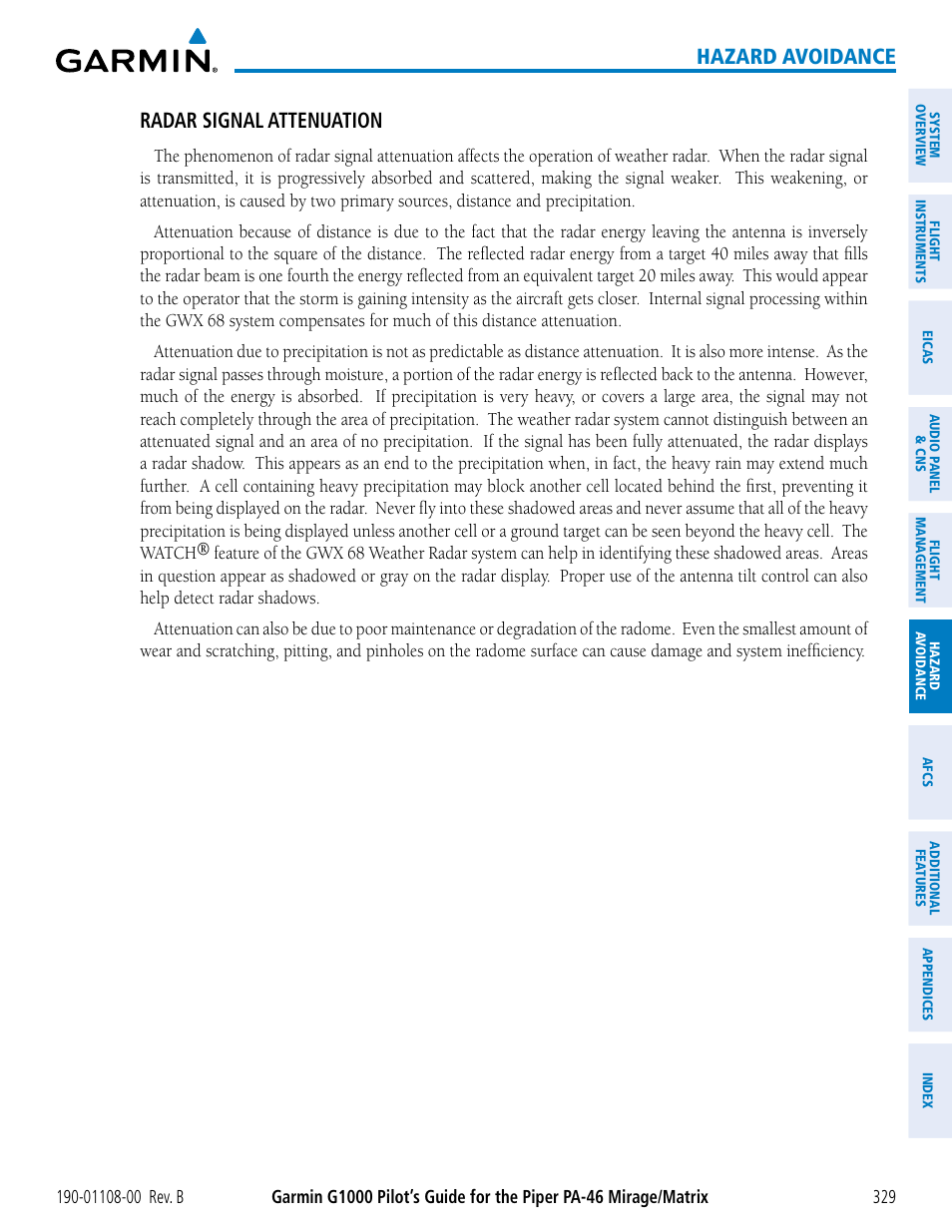 Hazard avoidance, Radar signal attenuation | Garmin G1000 Piper PA-46 Matrix User Manual | Page 343 / 600