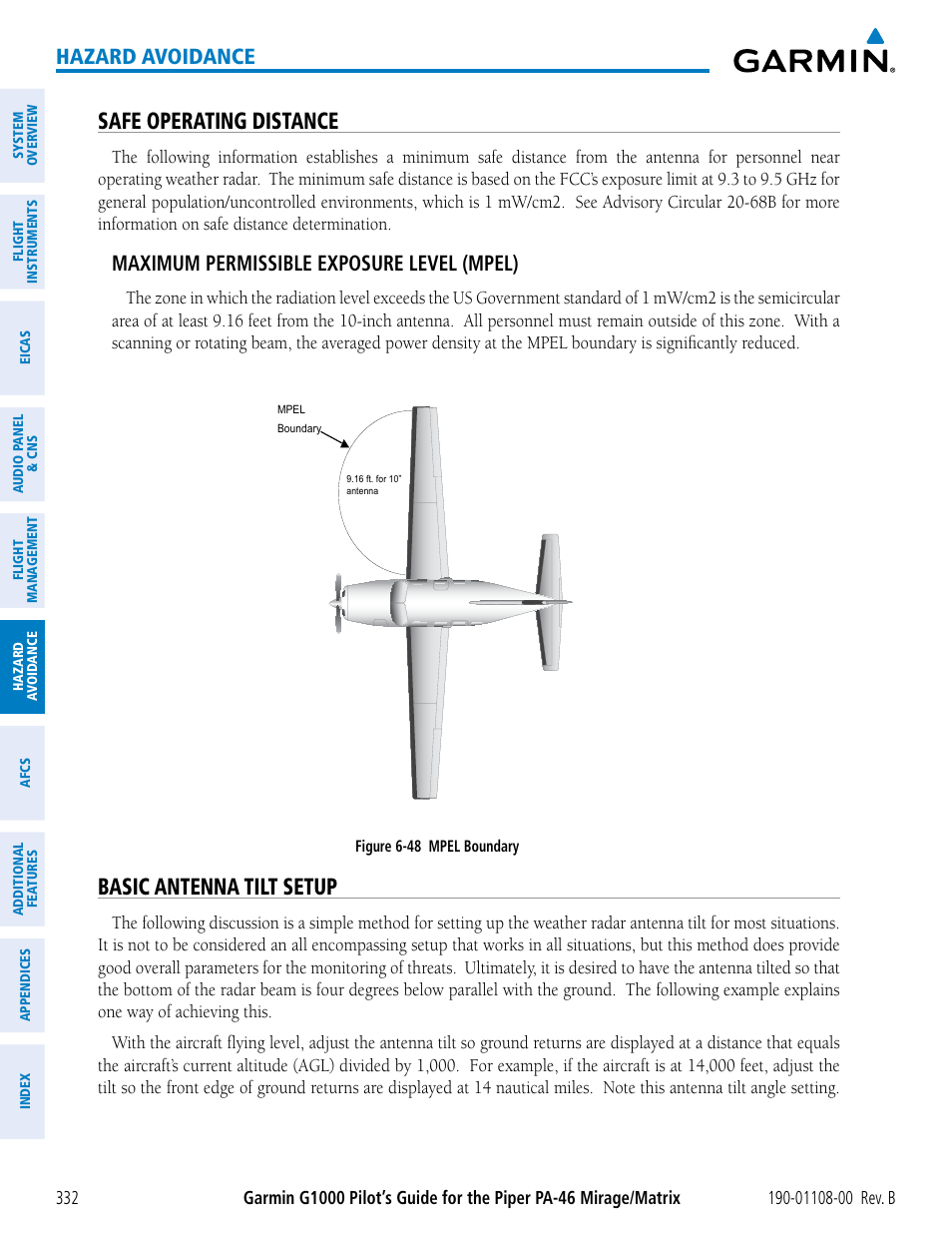 Safe operating distance, Basic antenna tilt setup, Hazard avoidance | Maximum permissible exposure level (mpel) | Garmin G1000 Piper PA-46 Matrix User Manual | Page 346 / 600