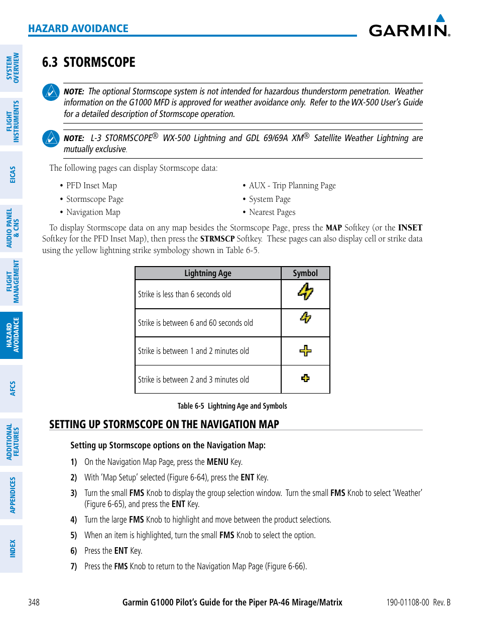 3 stormscope, Setting up stormscope on the navigation map, Hazard avoidance | Garmin G1000 Piper PA-46 Matrix User Manual | Page 362 / 600