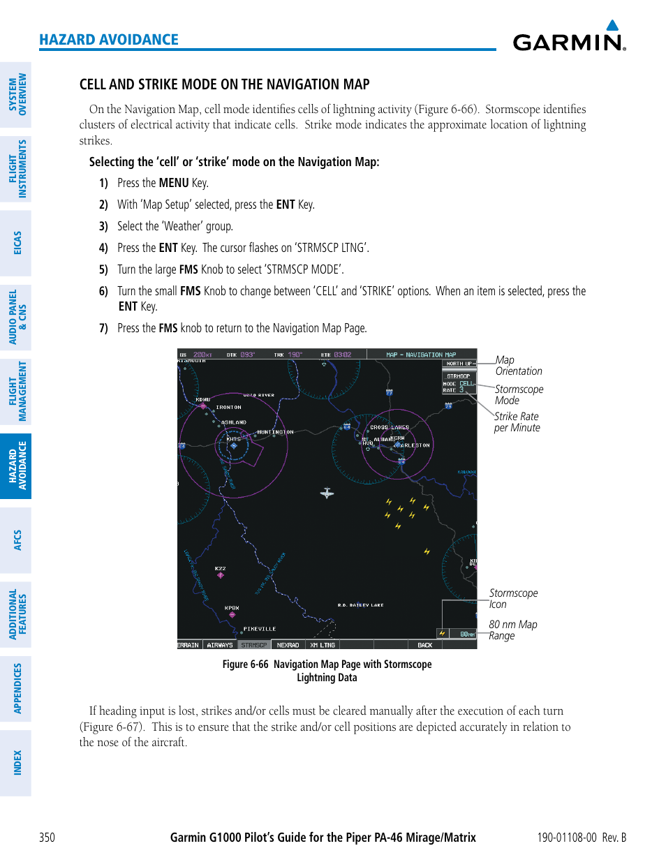Hazard avoidance, Cell and strike mode on the navigation map | Garmin G1000 Piper PA-46 Matrix User Manual | Page 364 / 600