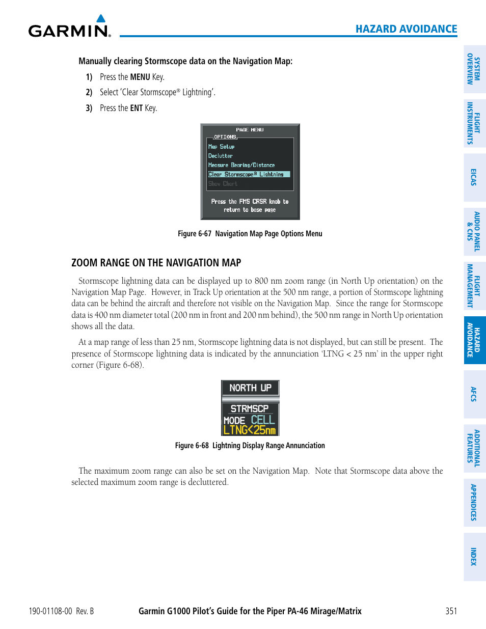 Hazard avoidance, Zoom range on the navigation map | Garmin G1000 Piper PA-46 Matrix User Manual | Page 365 / 600