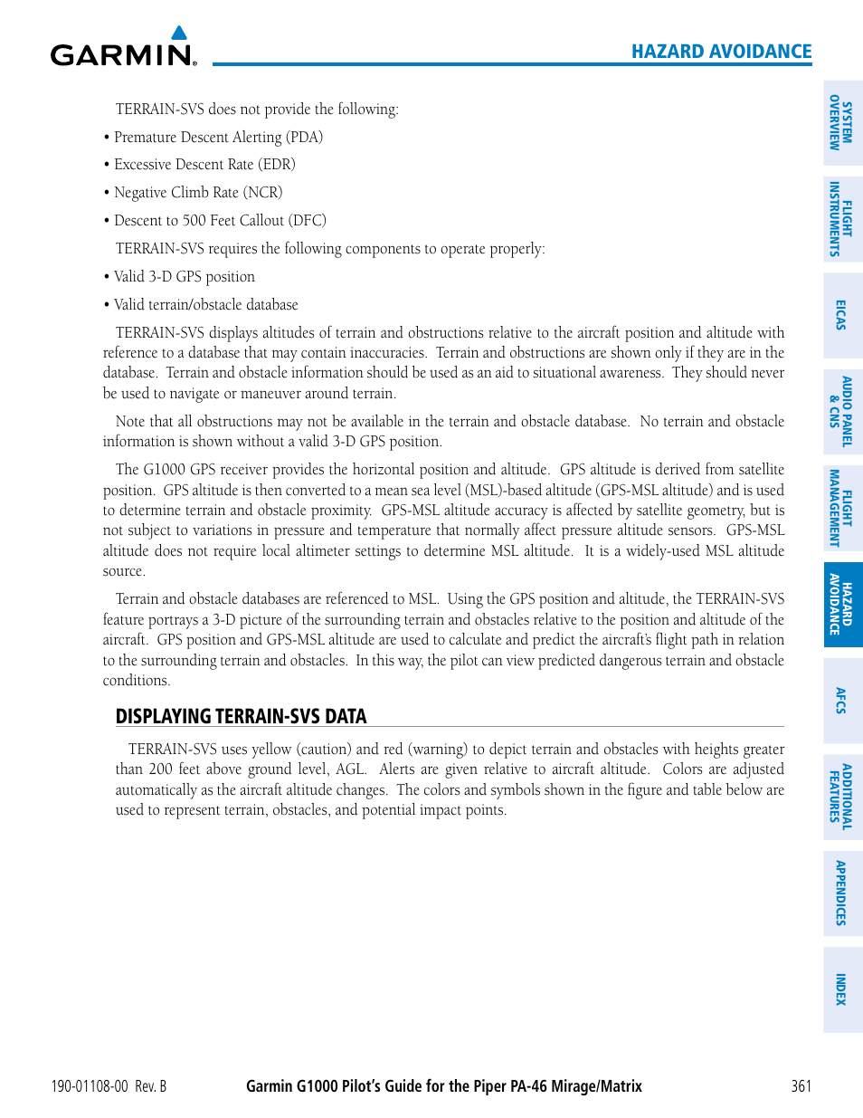 Displaying terrain-svs data, Hazard avoidance | Garmin G1000 Piper PA-46 Matrix User Manual | Page 375 / 600