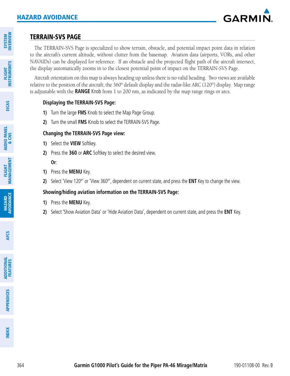Terrain-svs page, Hazard avoidance | Garmin G1000 Piper PA-46 Matrix User Manual | Page 378 / 600